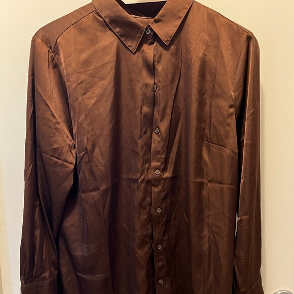 NWT Brown Satin Button Down Top - Picture 1 of 7